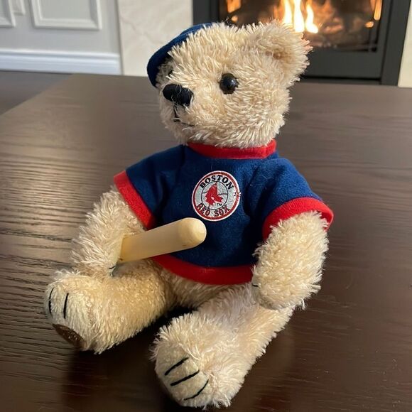 MLB Boston Red Sox Plush Stuffed Animal Bear Wooden Bat Baseball Collectible 8” - Picture 1 of 9